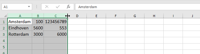 Vervolgens dubbelklik je op de rechter lijn van één van de geselecteerde kolommen.