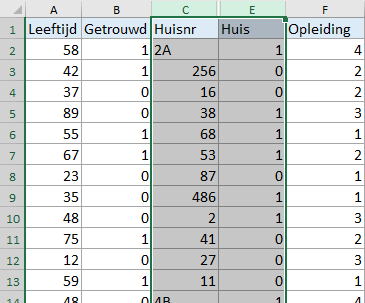 Kolom C en E geselecteerd