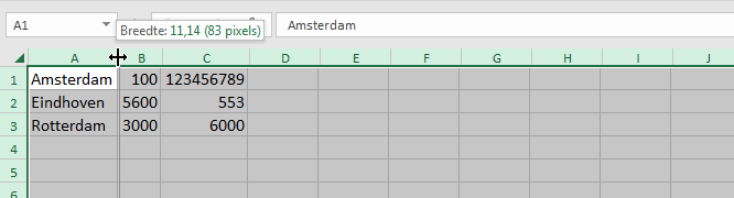 Nu kun je alle kolommen autoaanpassen door de de rechter lijn van een kolom te slepen.