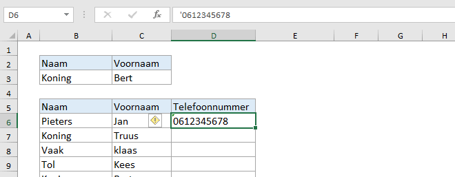 Invoerwaarden beginnend met een 0 in Excel