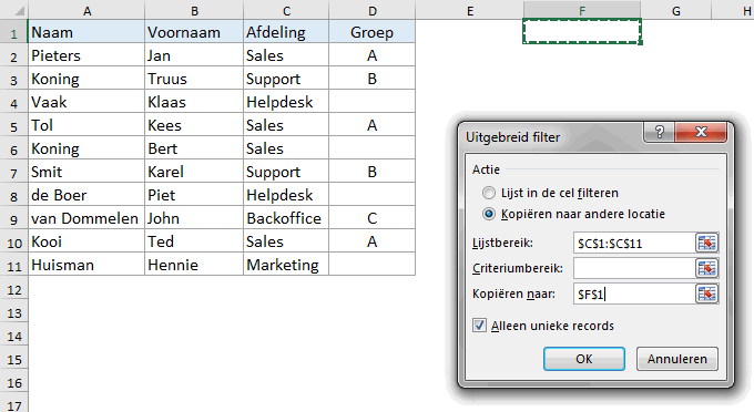 Maak een unieke lijst in Excel
