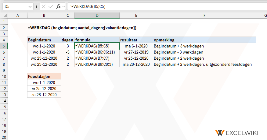 Excel WERKDAG() functie