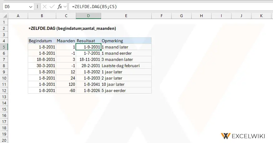 Excel ZELFDE.DAG() functie